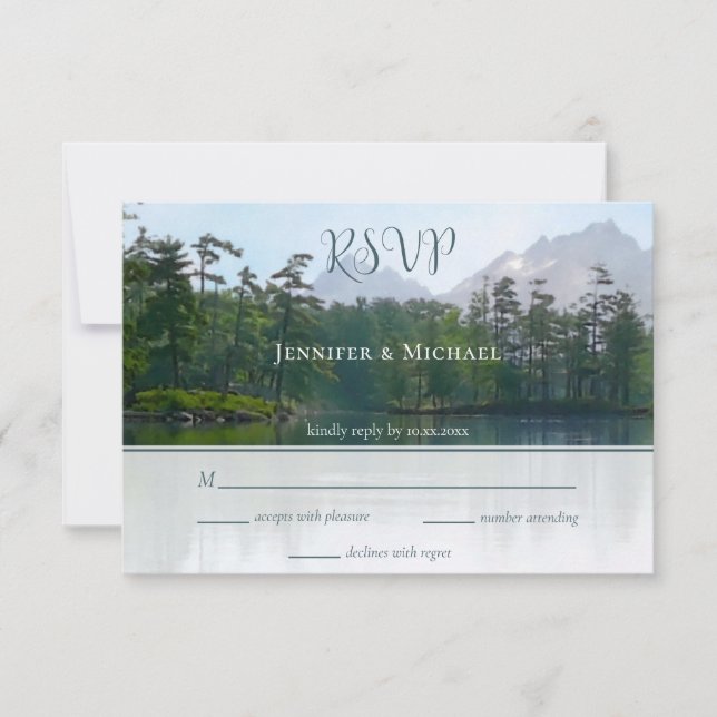 Lake in the mountains our adventure begins wedding RSVP card (Front)