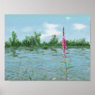 lake landscape & wild flowers water colour art poster
