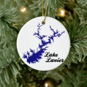 Lake Lanier Georgia Blue Shoreline Script Map Art Ceramic Ornament