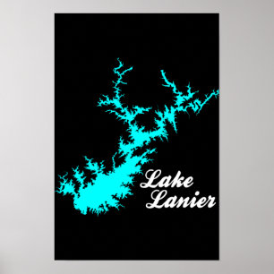 Lake Lanier Georgia Cyan Shoreline Script Map Art Poster