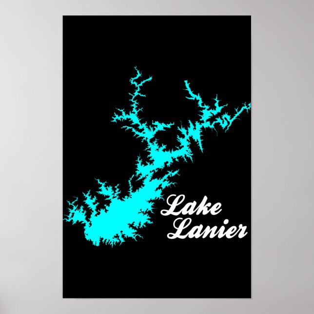 Lake Lanier Georgia Cyan Shoreline Script Map Art Poster (Front)