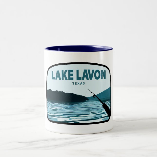 Lake Lavon Texas Fishing Rod Two-Tone Coffee Mug (Center)