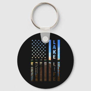 Lake Life American Flag Dock Sunset Power Boat Wak Key Ring