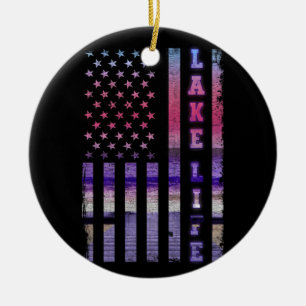 Lake Life American Flag Dock Sunset Wakeboarder Ceramic Ornament