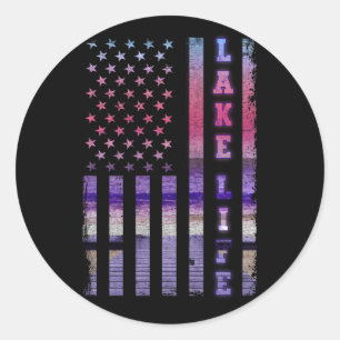 Lake Life American Flag Dock Sunset Wakeboarder Classic Round Sticker