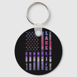 Lake Life American Flag Dock Sunset Wakeboarder Key Ring