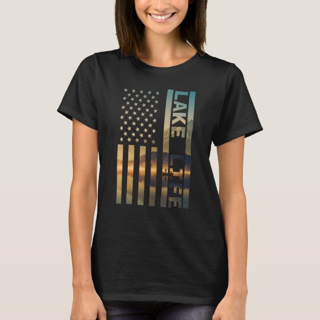 Lake Life American Flag Dock Sunset Wakeboarder Po T-Shirt (Front)