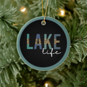 Lake Life Cheetah Print Typography Ceramic Ornament