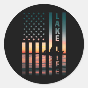 Lake Life Fisherman Sunset American Flag B Fishing Classic Round Sticker