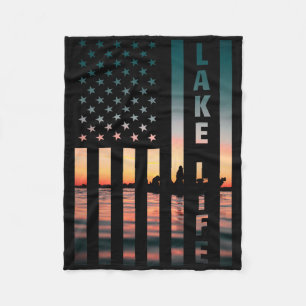 Lake Life Fisherman Sunset American Flag B Fishing Fleece Blanket