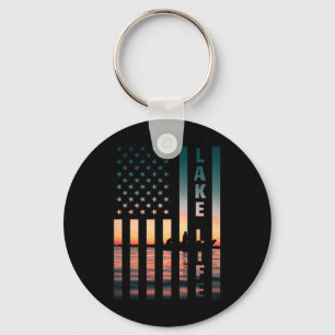 Lake Life Fisherman Sunset American Flag B Fishing Key Ring