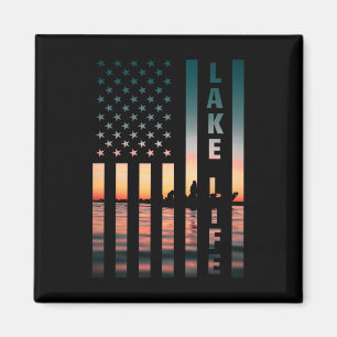 Lake Life Fisherman Sunset American Flag B Fishing Magnet