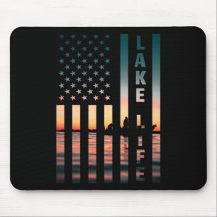 Lake Life Fisherman Sunset American Flag B Fishing Mouse Pad