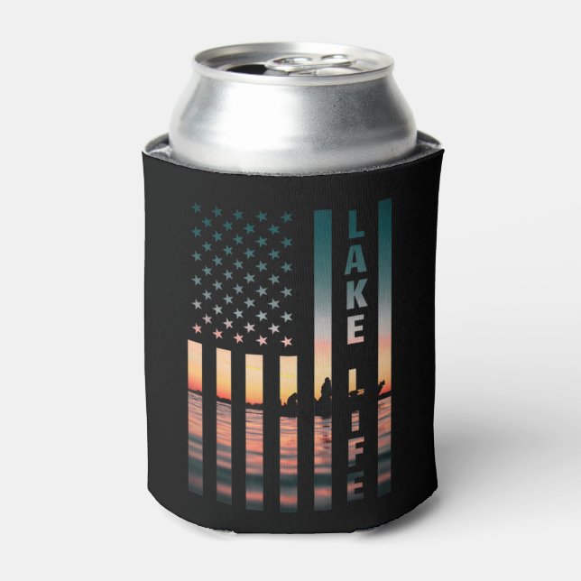 Lake Life Fisherman Sunset American Flag Bass Fish Can Cooler (Can Front)