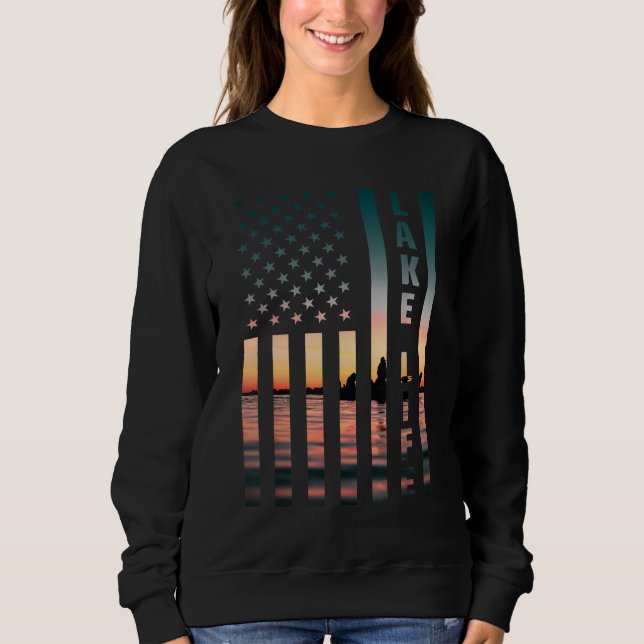Lake Life Fisherman Sunset American Flag Bass Fish Sweatshirt (Front)