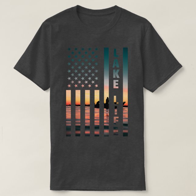 Lake Life Fisherman Sunset American Flag Bass Fish T-Shirt (Design Front)