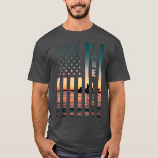 Lake Life Fisherman Sunset American Flag Bass Fish T-Shirt