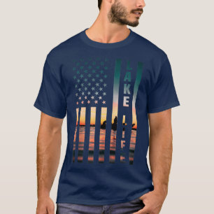 Lake Life Fisherman Sunset American Flag Bass Fish T-Shirt