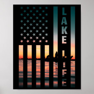 Lake Life Fisherman Sunset American Flag Byss Fish Poster