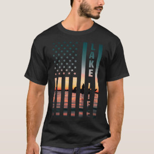 Lake Life Fisherman Sunset American Flag Byss Fish T-Shirt
