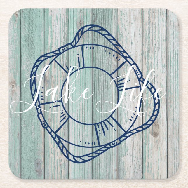 Lake Life & Preserver Blue Wood  Square Paper Coaster (Front)
