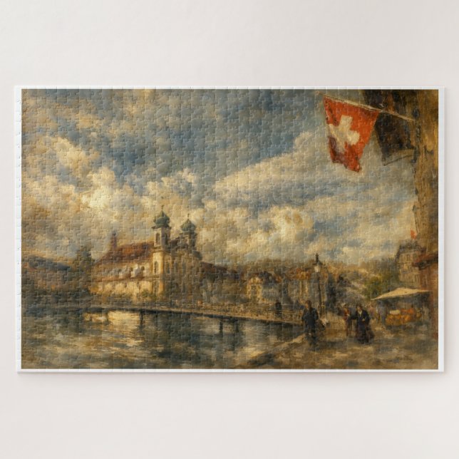 Lake Lucerne Swiss Flag & Jesuit Church Art Puzzle (Horizontal)
