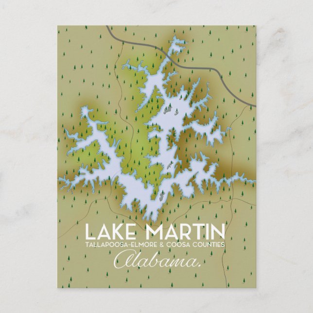 Lake Martin Alabama Travel poster map. Postcard (Front)