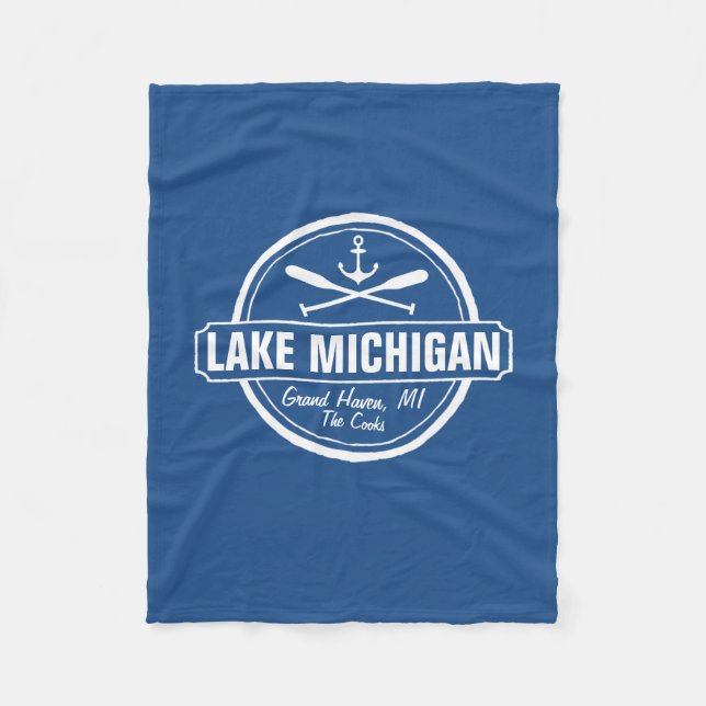 Lake Michigan, custom town, name, anchor, paddles Fleece Blanket (Front)