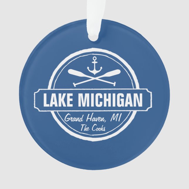 Lake Michigan, custom town, name, anchor, paddles Ornament (Front)