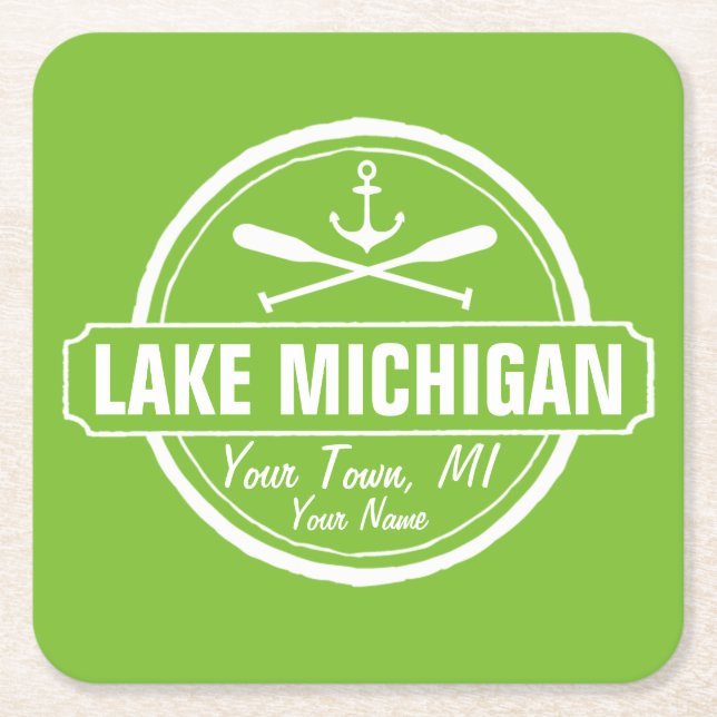 Lake Michigan, custom town, name, anchor, paddles Square Paper Coaster (Front)