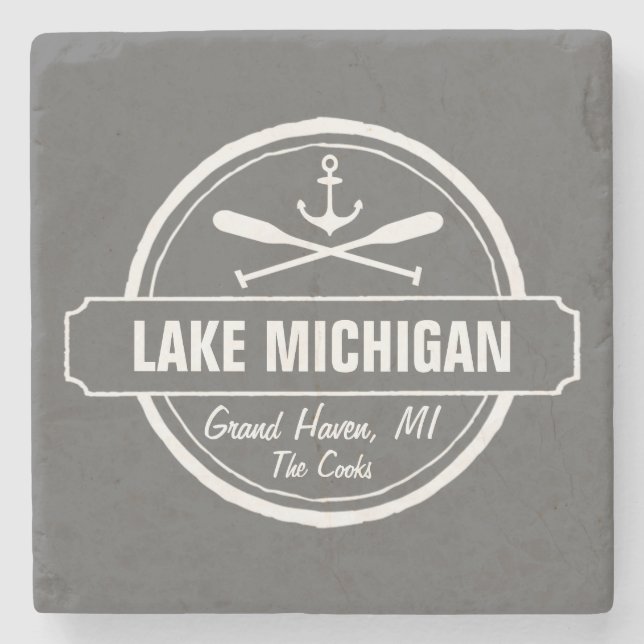 Lake Michigan, custom town, name, anchor, paddles Stone Coaster (Front)