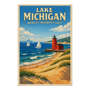 Lake Michigan, USA, in a classic retro travel Poster