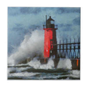 Lake Michigan Waves and Lighthouse Ceramic Tile