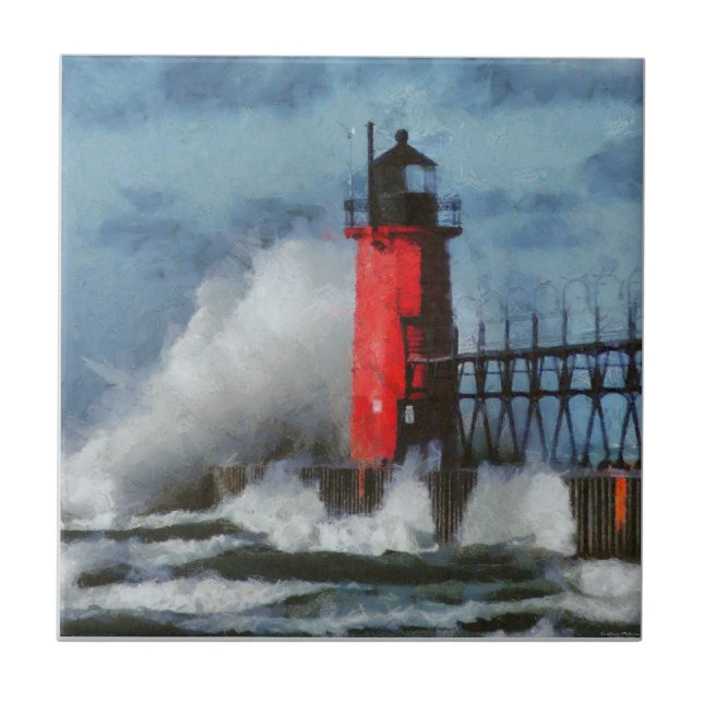 Lake Michigan Waves and Lighthouse Ceramic Tile (Front)