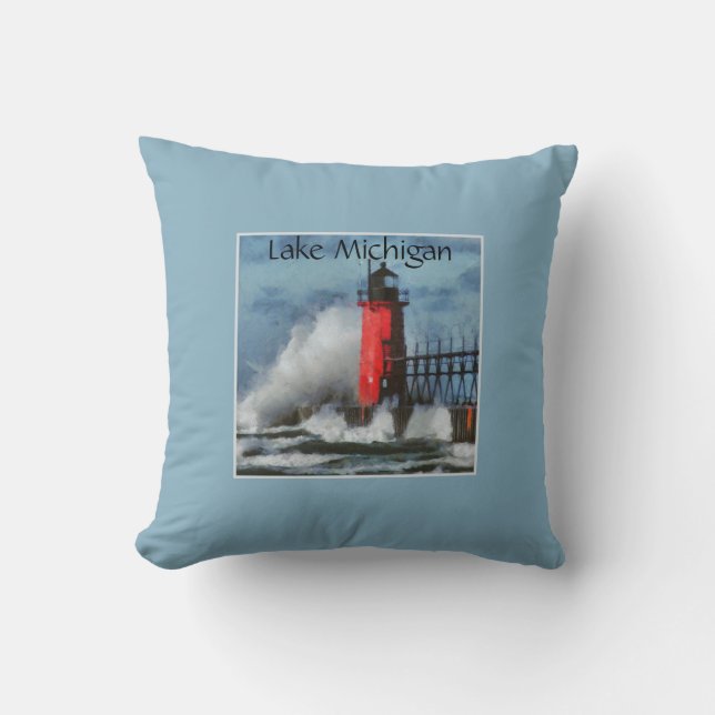 Lake Michigan Waves and Lighthouse Cushion (Front)