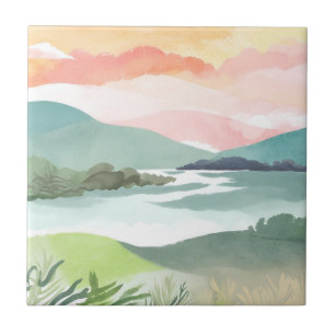 Lake Morning Sunrise   Watercolor Nature Ceramic Tile