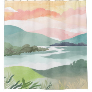 Lake Morning Sunrise Watercolor Nature Shower Curtain