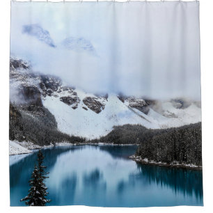 LAKE NEAR SNOW COVERED MOUNTAIN DURING DAYTIME SHOWER CURTAIN
