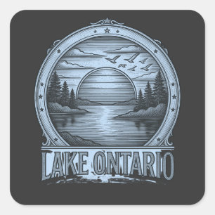 Lake Ontario Etching‑Style Blue & Grayscale Square Sticker