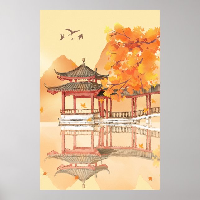 Lake Pavilion Autumn Country Scenery Poster (Front)