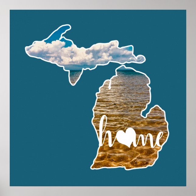 Lake Photo Michigan Silhouette With Home On Blue Poster (Front)