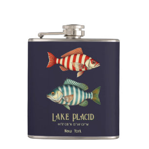 Lake Placid New York nautical fish fishing Hip Flask