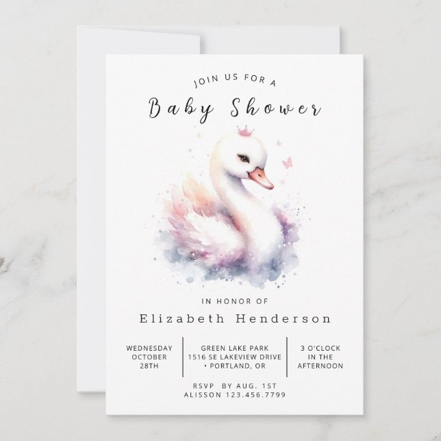 Lake Printable Swan Baby Shower Invitation (Front)
