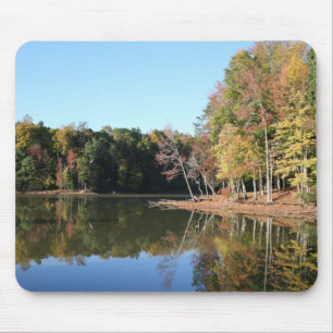 Lake Reflection of Orange Fall Leaves & Blue Skies Mouse Pad