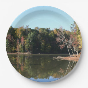 Lake Reflection of Orange Fall Leaves & Blue Skies Paper Plate