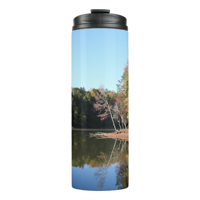 Lake Reflection of Orange Fall Leaves & Blue Skies Thermal Tumbler (Front)