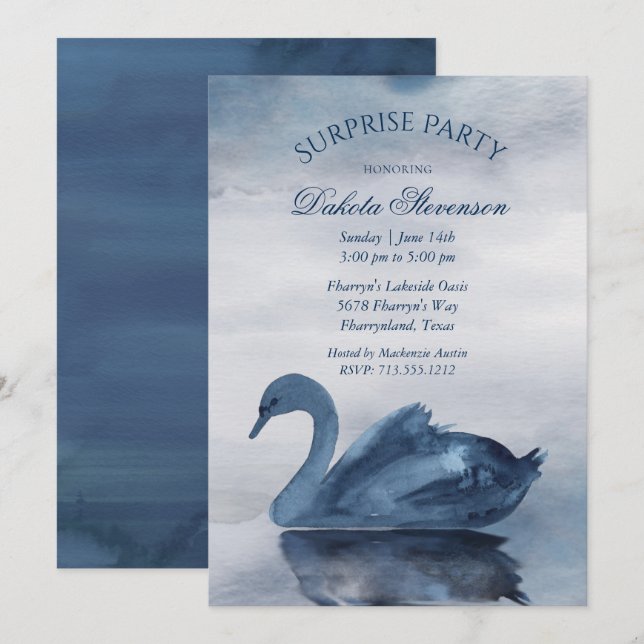 Lake Reflections | Dusty Blue Swan Surprise Party Invitation (Front/Back)