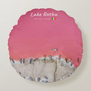 Lake Retba, Senegal - Pink Lake Boats Round Cushion