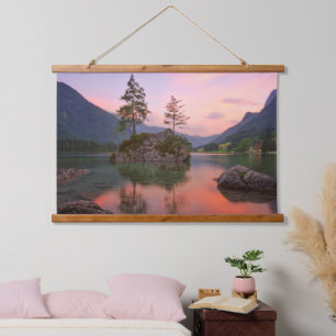 Lake Sunset With Trees, Rocks & Mountains Hanging Tapestry