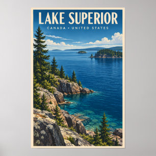 Lake Superior Illustration Travel Art Vintage Poster